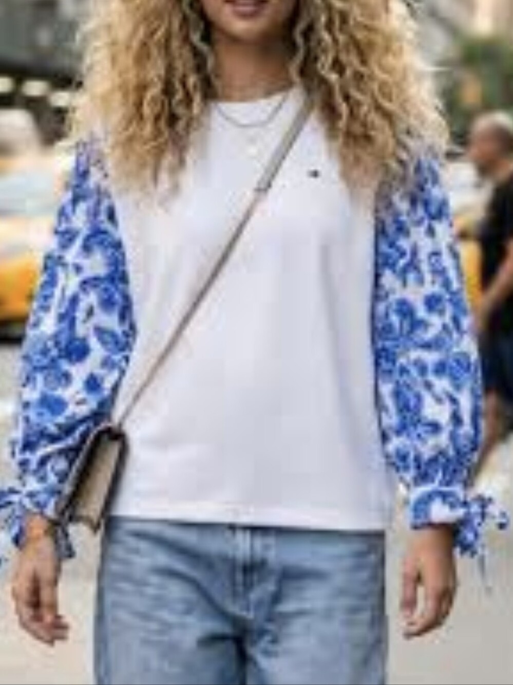 Tommy Hilfiger 100% Cotton White Top with Blue Floral Puff Sleeves - Picture 3 of 11
